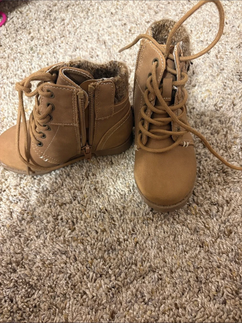 Kids Tan Lace-Up Faux-Fur Winter Boots